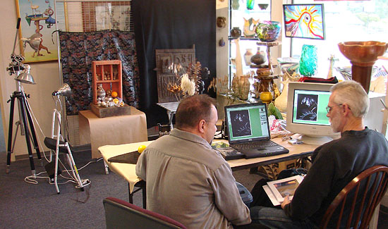 David Hoffman and News Columnist Al Joyal at Williams Gallery West in Feb, 2007.  David spent the day demonstrating still life photography and digital processing techniques.